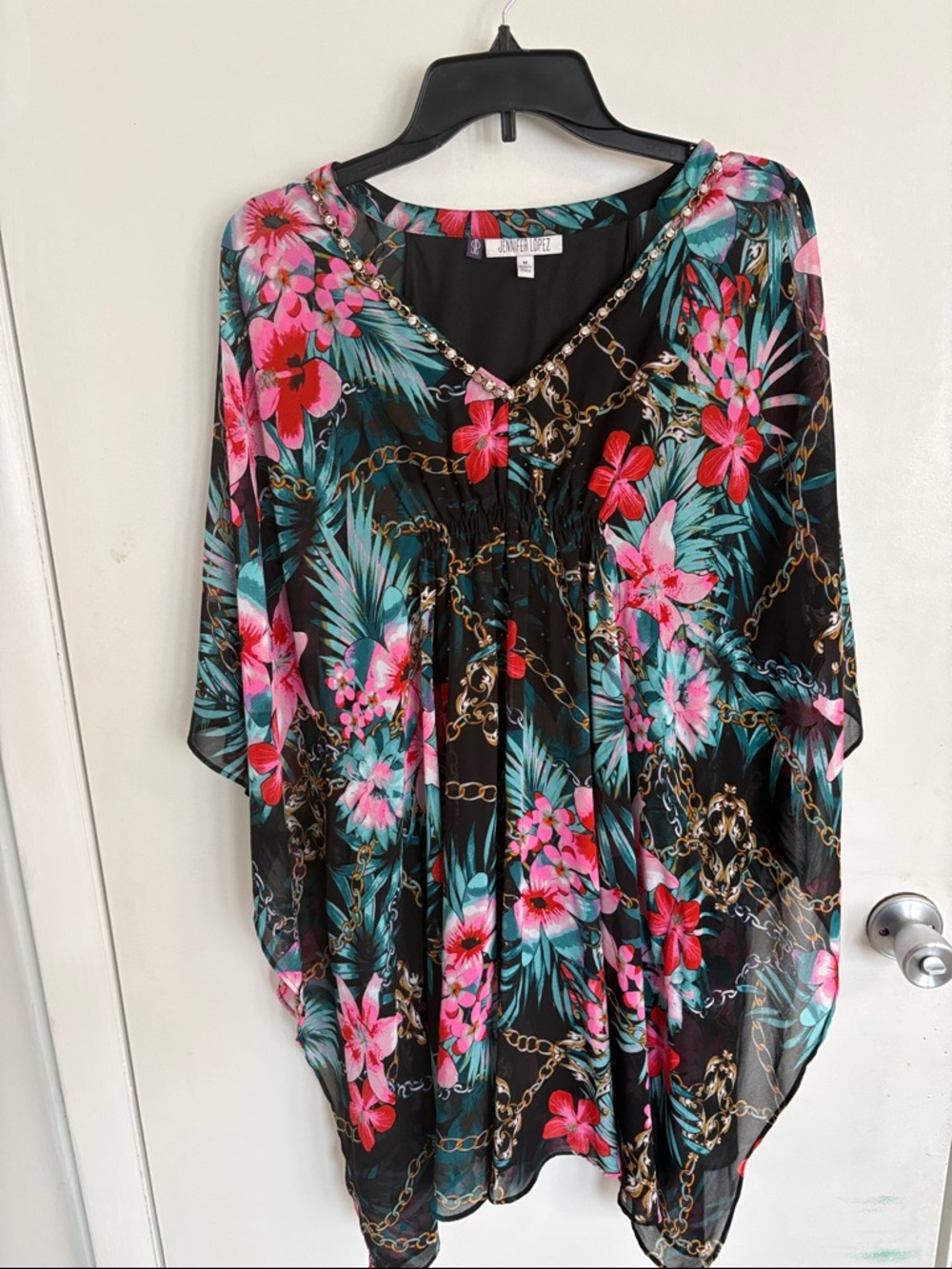Jennifer Lopez Black Floral Caftan Dress with Pink & Teal Accents